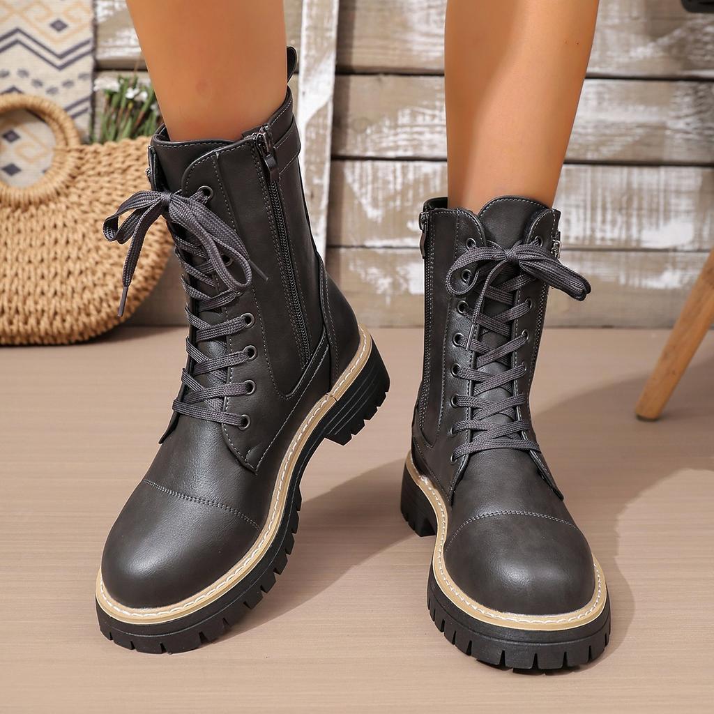 New Women's Fashion Boots for Autumn and Winter with Front Lacing Solid Color Low-heeled Mid-leg Boots Plus Size