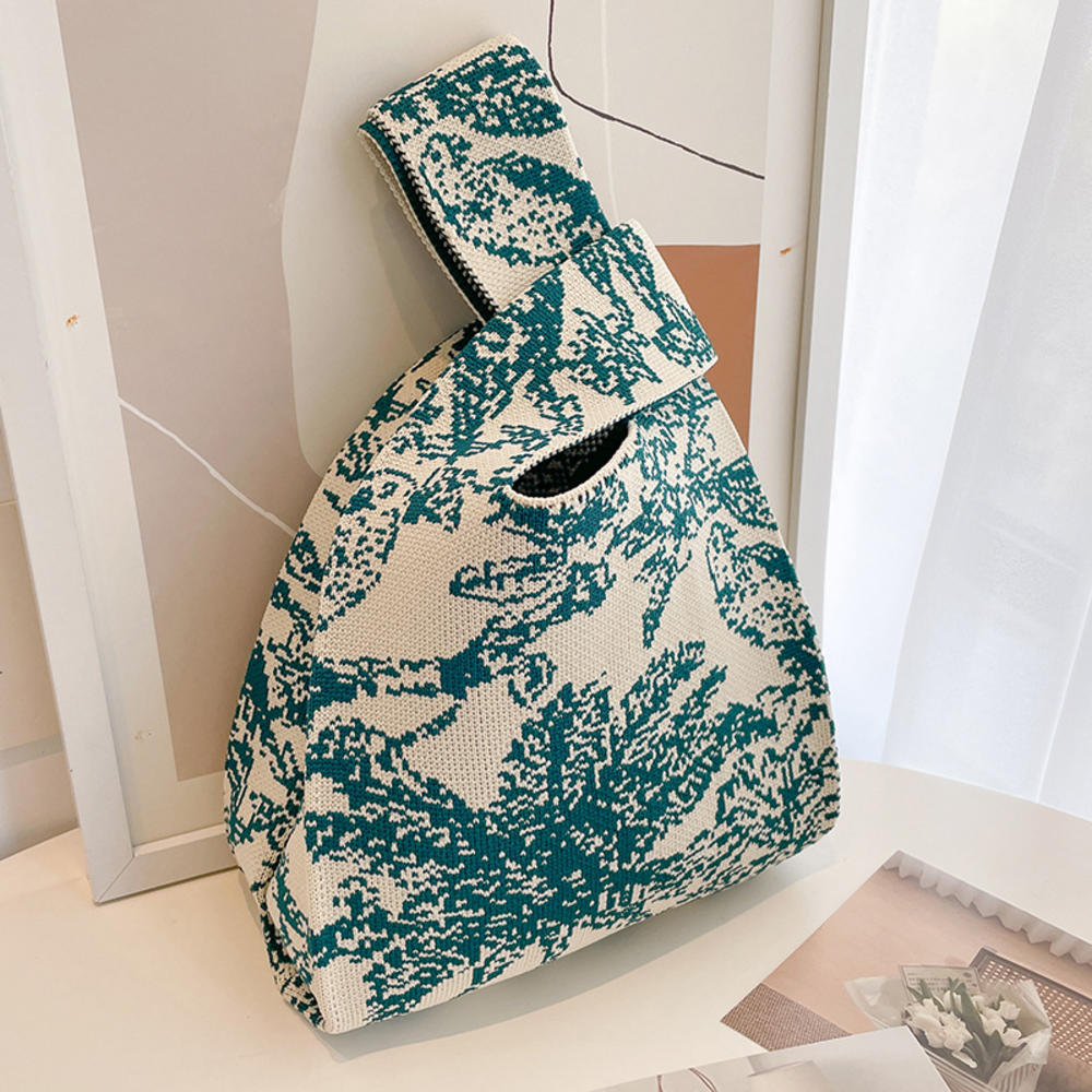 FASHION Women'S Knot Wrist Bag Handmade Knitted Bag Portable Mini Striped Tote Bucket Phone Bags Large Capacity Autumn Winter Handbags