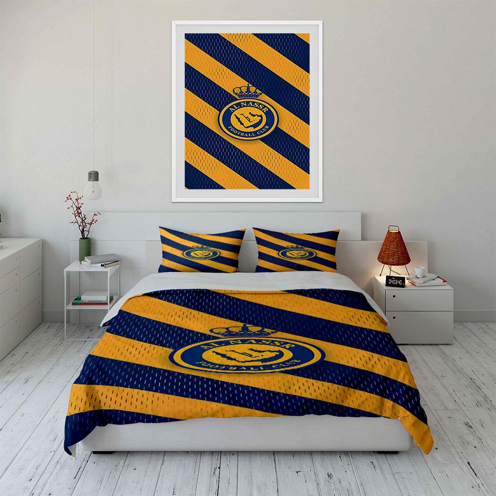 Yellow-blue stripes, Al-Nassr logo. Bedding sets Duvet cover sets Duvet covers Pillowcases(1*Duvet Cover 2*Pillowcases without duvet insert)
