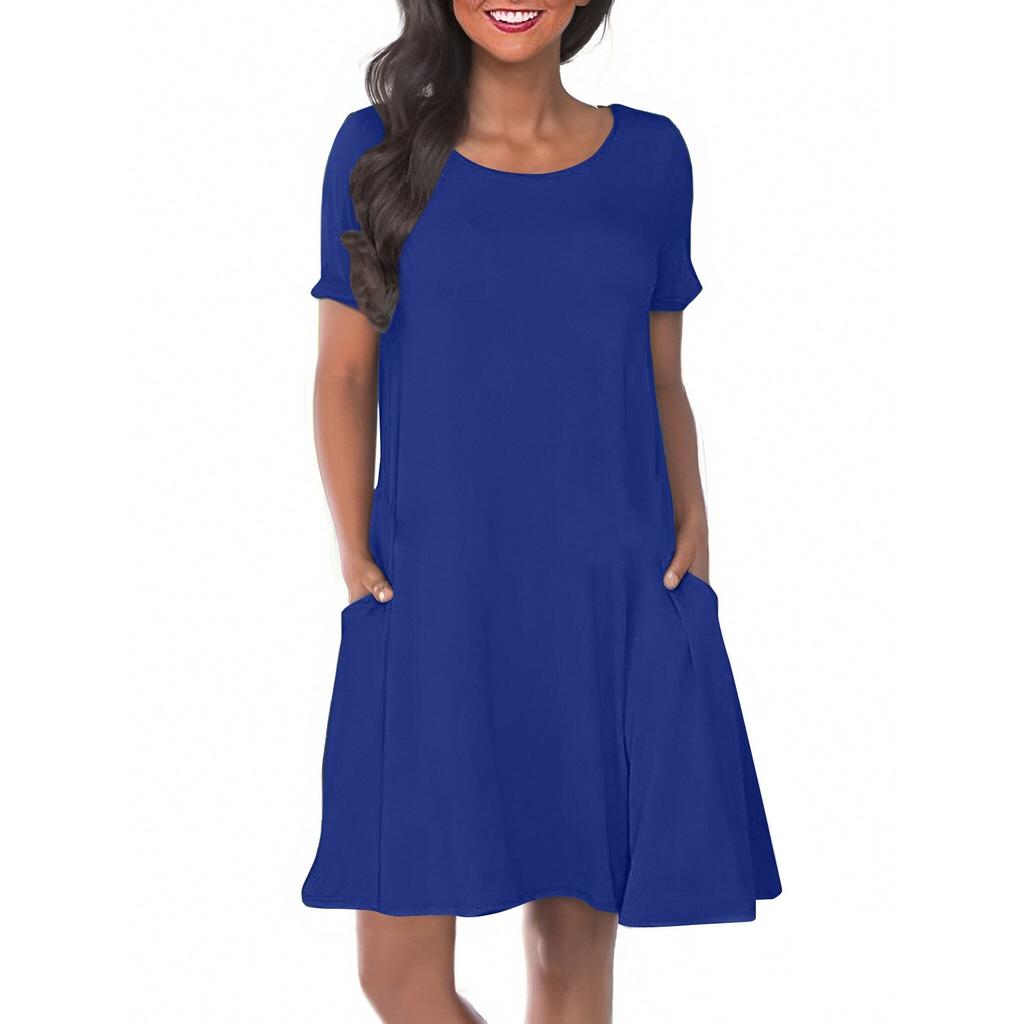 Women's Solid Color Round Neck Solid Color Casual Pocket Short Sleeve Swing Dress