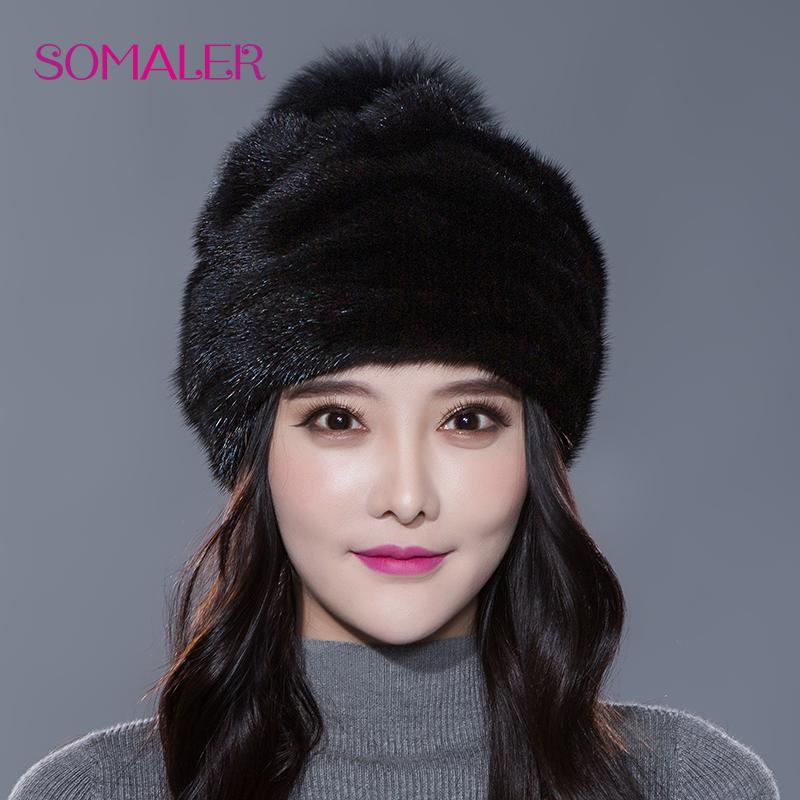 SOMALER Genuine Mink Fur Beret Hats for Women Winter Integral-fur Beret Hats with Fur Pompom Beanie for Cold Weather Ski Snow Cap