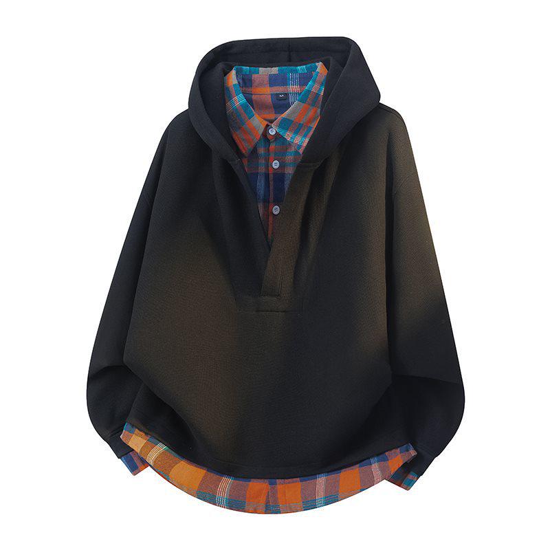 Unisex Plaid Patchwork V-Neck Hooded Sweatshirt
