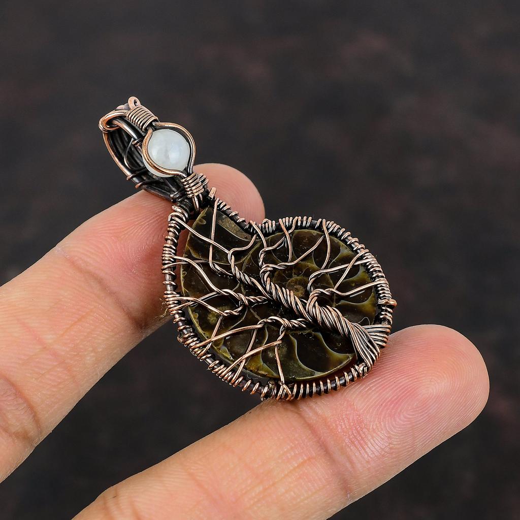 Древо жизни аммонитовый окаменелый кулон медная проволока обернутый кулон радужная лунная подвеска медные украшения кулон ручной работы из настоящего драгоценного камня