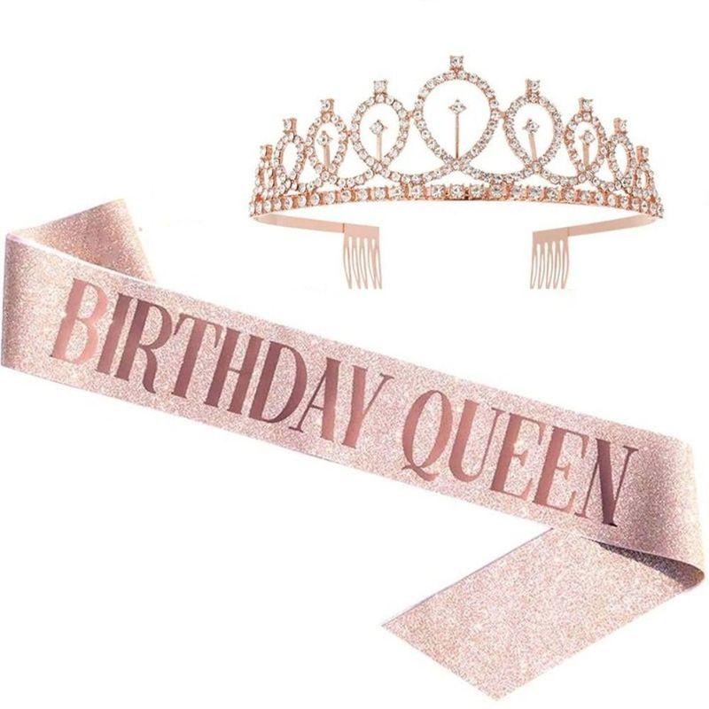2Pcs/Set New Glitter Birthday Party Crown Sash Silver Gold Crystal Crown Bling Rhinestone Birthday Satin 18 21 30 40 50th
