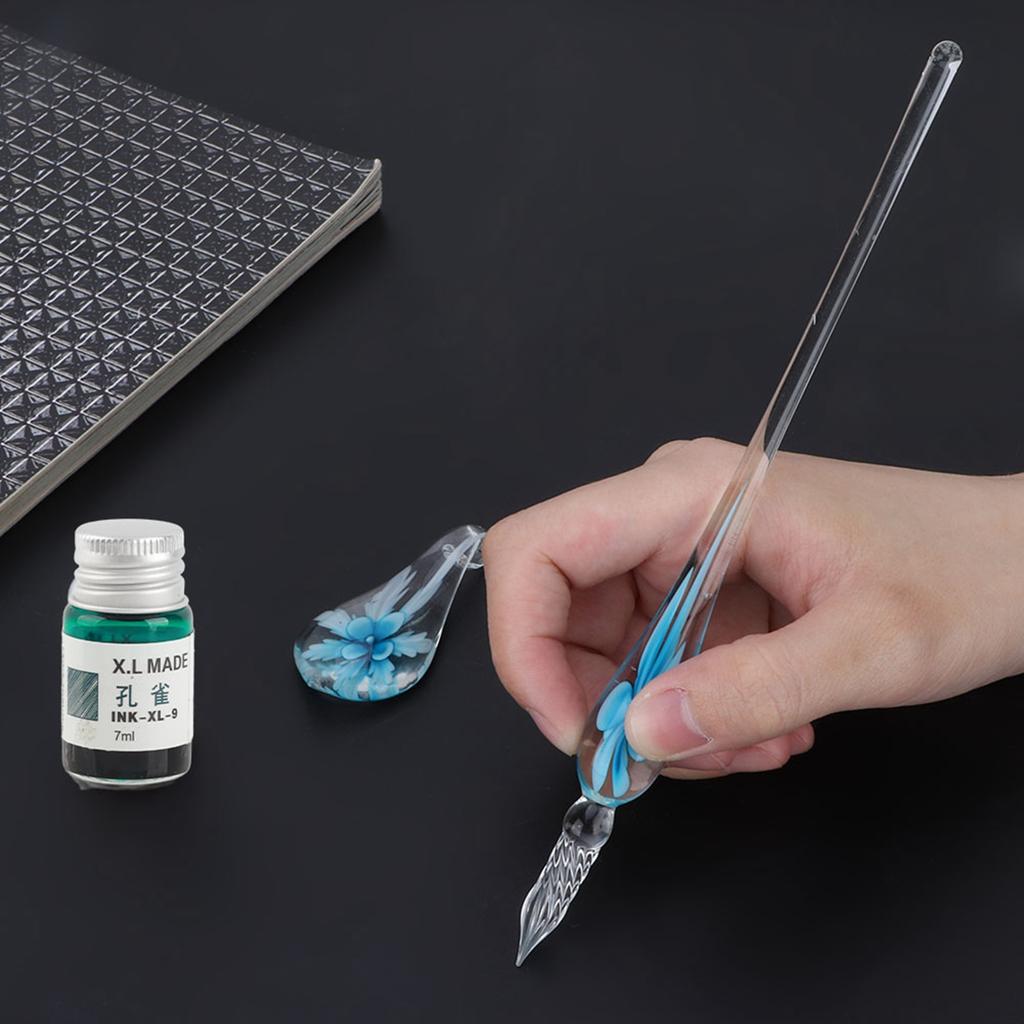 Retro Elegant Flower Glass Dip Pen Signature Ink Fountain Pen with Ink Penholder Pink