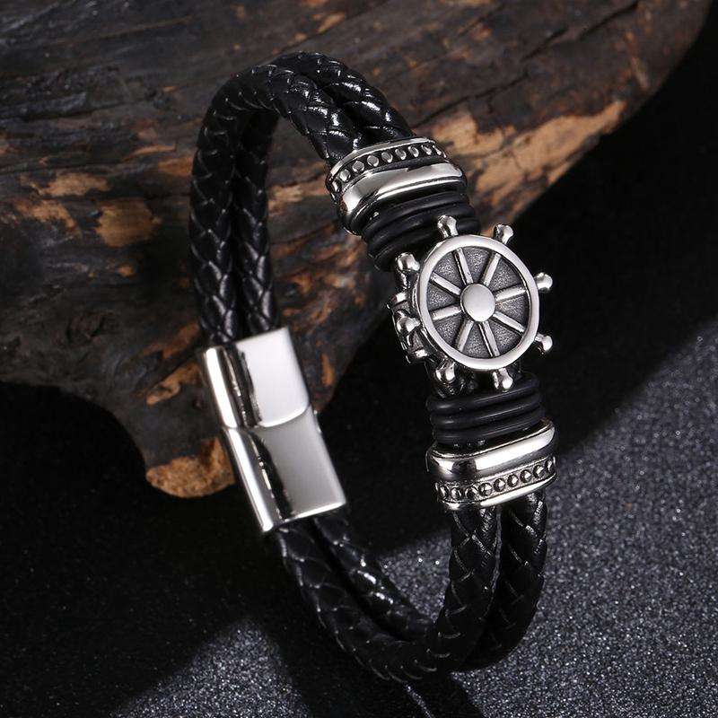 Genuine Leather Bracelet For Men Punk Braided Rope Steel Magnetic Button Male Bracelet Jewelry Birthday Gift Bb1337