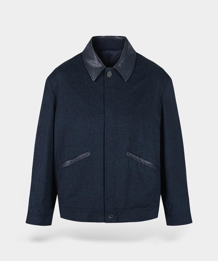 Birbante Wool Blend Leather Collar Blouson Jacket - Navy Check