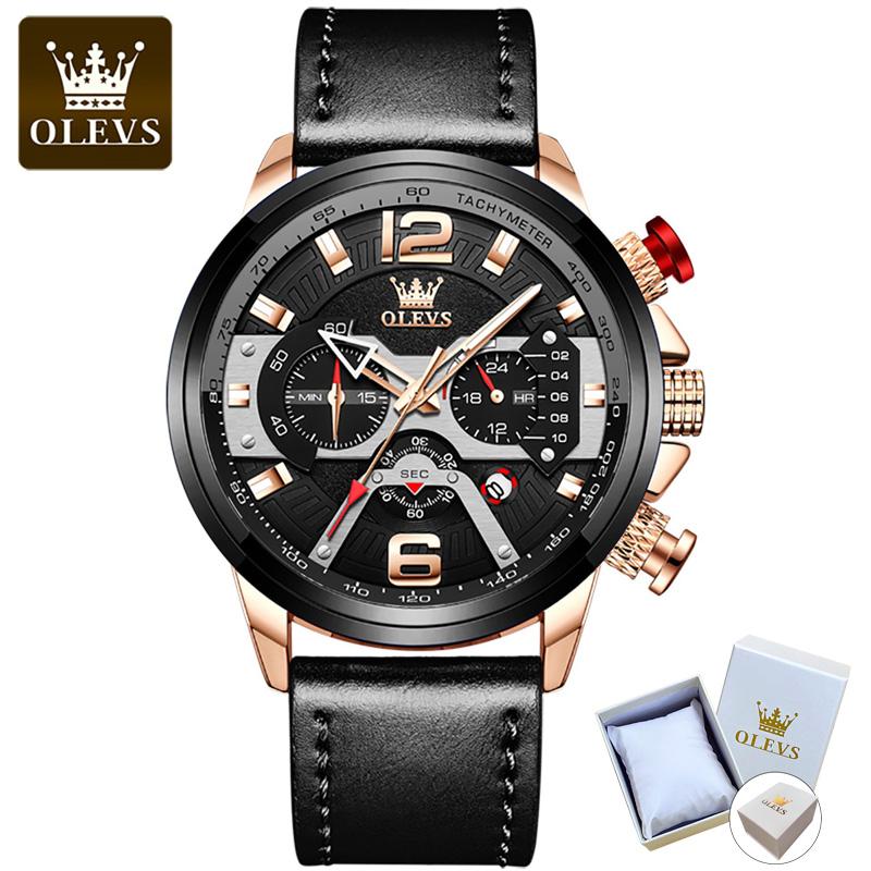 OLEVS 9915 с подарочной коробкой, три глаза, хронограф, часы с большим циферблатом, водонепроницаемые мужские часы с календарем