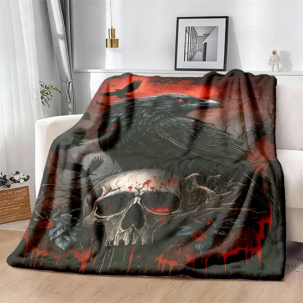 1pc Gothic Raven Skull Flannel Throw Blanket - Soft, Warm, And Comfortable with Red-Detailed Crow And Skull Design - Perfect for Sofa, Bed, Or Office