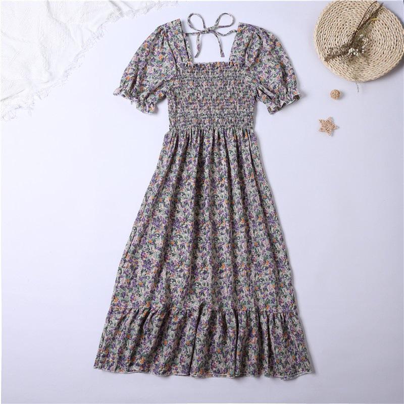 Spring Summer Pleated Women Square Collar Chiffon Dresses Casual Beach Holiday Short Sleeve Square Collar Woman Midi Dress Bohemian Mujer Vestidos