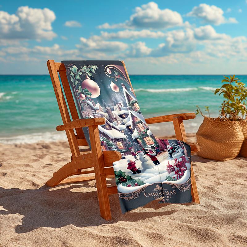 1Pc Christmas Village Scene Beach Towel, Quick Dry, Multi-Use for Beach Pool Gym Yoga Home Travel, Christmas, Halloween, Xmas Gift S328