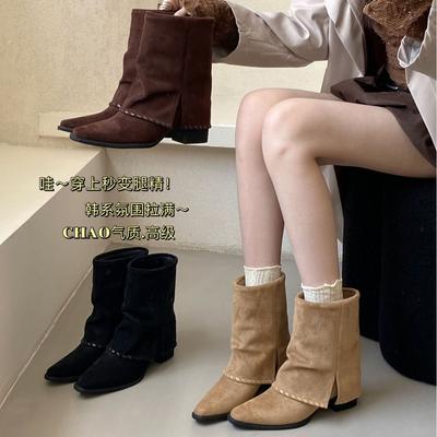 Новое место новые остроносые короткие ботильоны на высоком каблуке женские 2025 кожаные ботинки для брюк на высокой подошве женские на толстом каблуке Spice Girls осень и зима