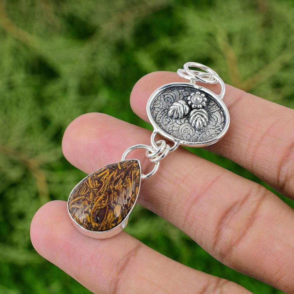 Daughters Day Deal Natural Mariam Jasper Boho Bezel Art Deco Pendant 925 Silver