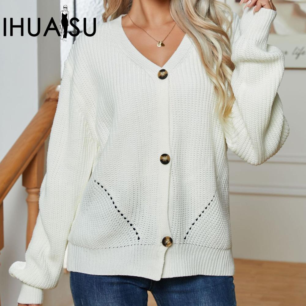IHUASU Women's Autumn and Winter Hollow Solid Colour Single-breasted Loose Knitted Cardigan Jumper