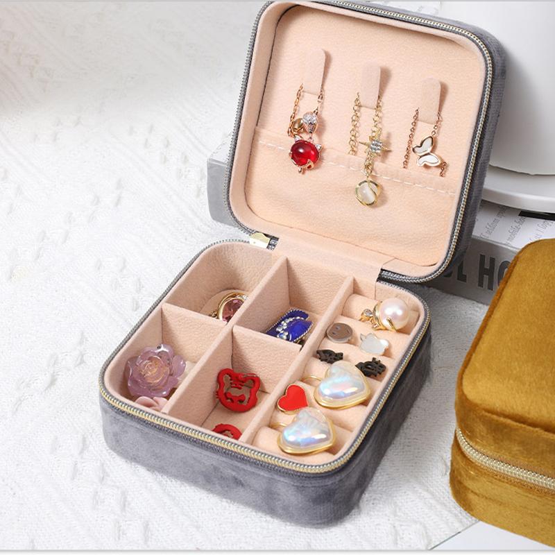 Velvet Jewelry Box for Women Necklace Ring Earrings Organizer Holder Travel Portable Zipper Square Jewelry Storage Case