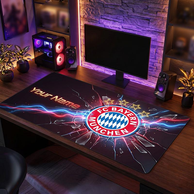 Bayern Munich Custom Large Mouse Pad, Personalized Name Text Print, Football Logo Non‑Slip Desk Mat Gaming Gift