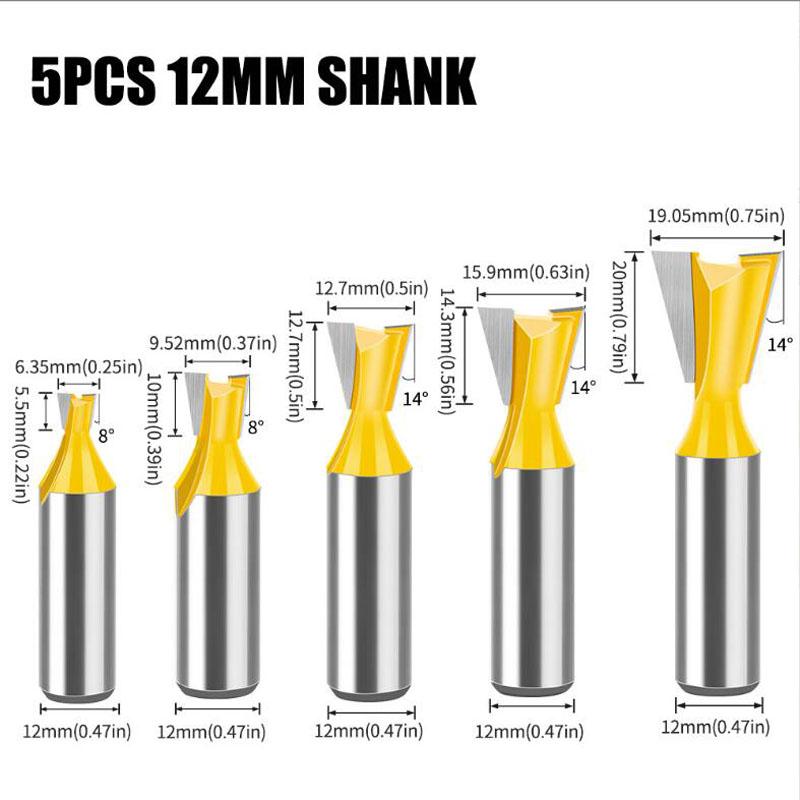Набор из 5 шт. 12 мм 1/2-дюймовых хвостовиков для соединения «ласточкин хвост» 14 градусов для деревообработки, гравировки, фрезы для дерева