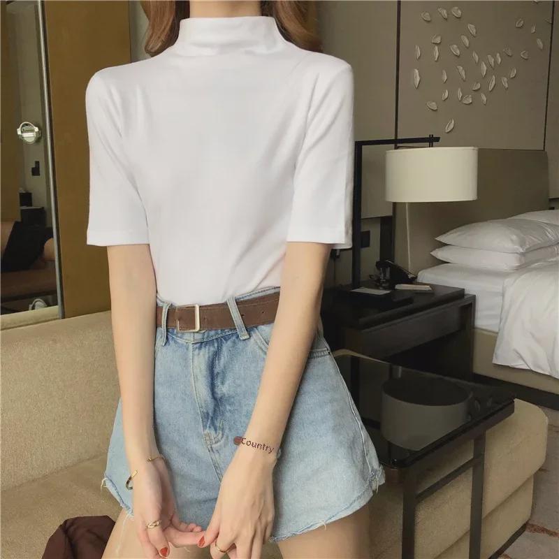 2027 Реальный Выстрел: Женская облегающая футболка с коротким рукавом и полуводолазкой (95% хлопок, 5% спандекс)