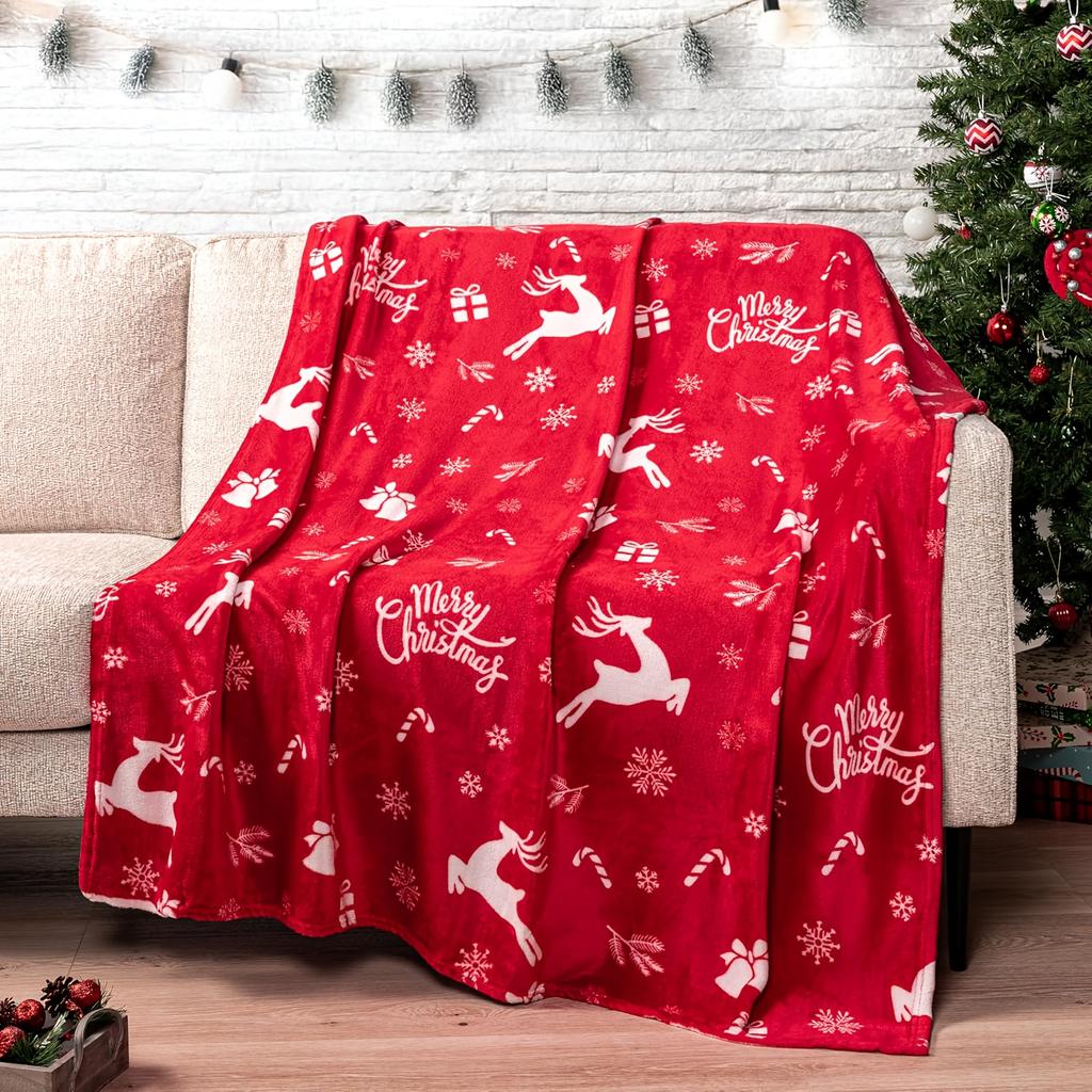 1pc Christmas-Themed Red Festive Reindeer Fleece Blanket, Printed Blanket, Soft Warm Blanket, Ideal Holiday Gift for Classmates, Friends, Family, And