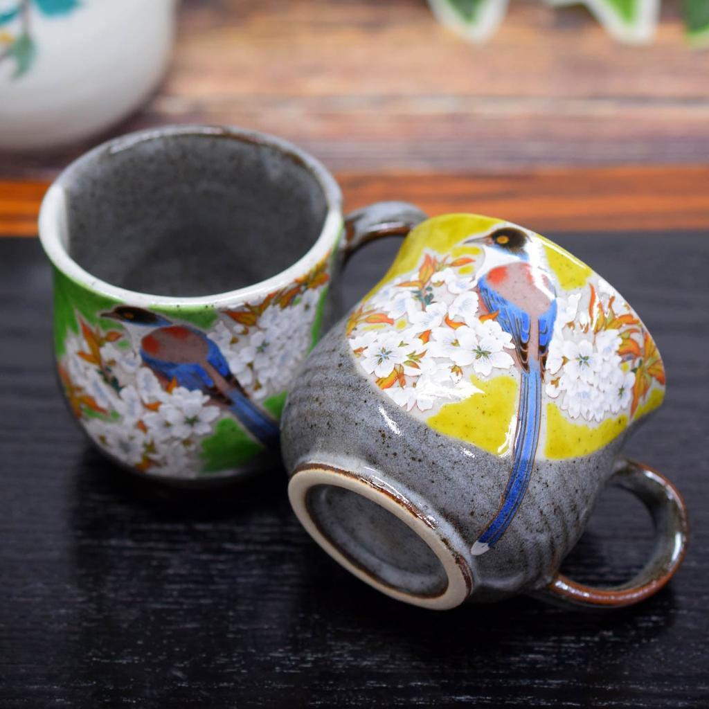 Waza no Kura Стильный набор пар кружек Kutani Ware Цветы дикой вишни и птицы Керамика Роскошная брендовая посуда Сделано в Японии