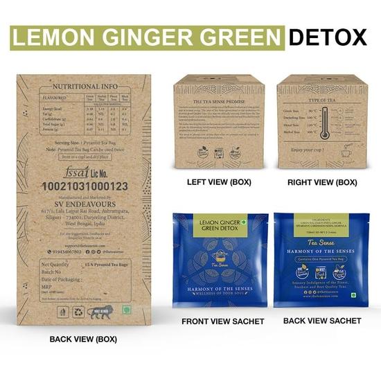 TEA SENSE Lemon Ginger Green Detox | 15 Pc | Pyramid Tea Bags In Sealed Pouches | Green Tea with Lemon and Ginger | Revitalising | Can Be Rebrewed