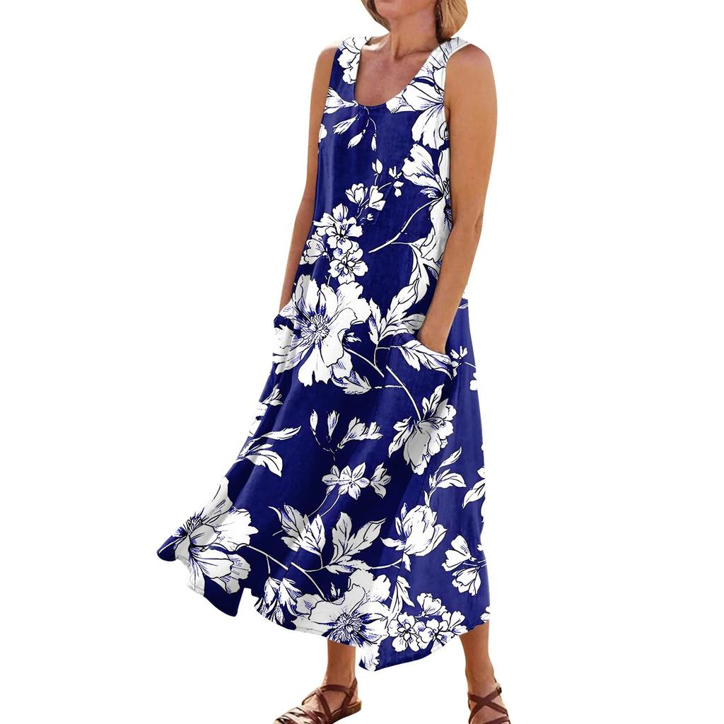 Платье без рукавов для женщин. Женское летнее повседневное модное платье без рукавов с круглым вырезом и карманом с принтом.