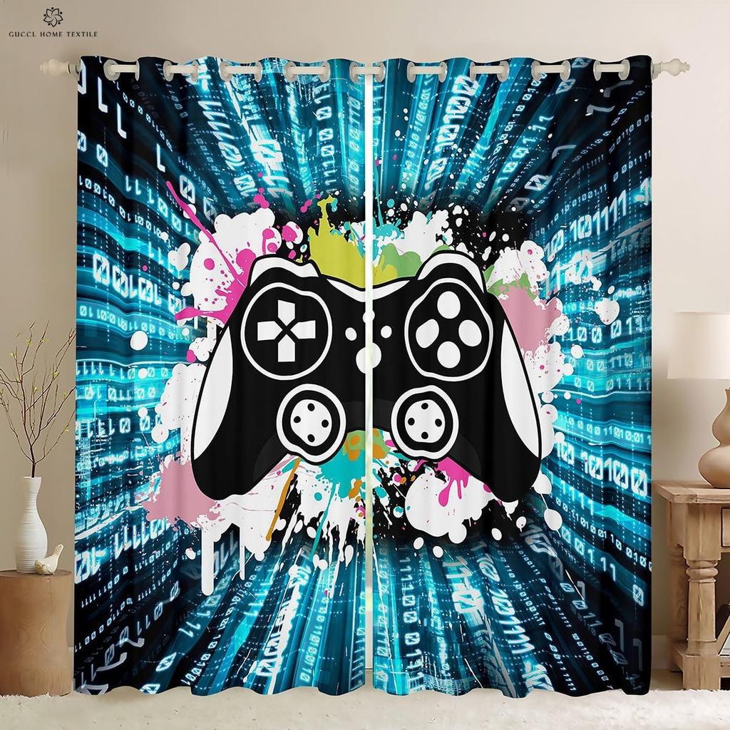 Gaming Room Window Curtains Cool Game Controller Pattern Printing Living Room Bedroom Gaming Decoration Curtains Home Decoration