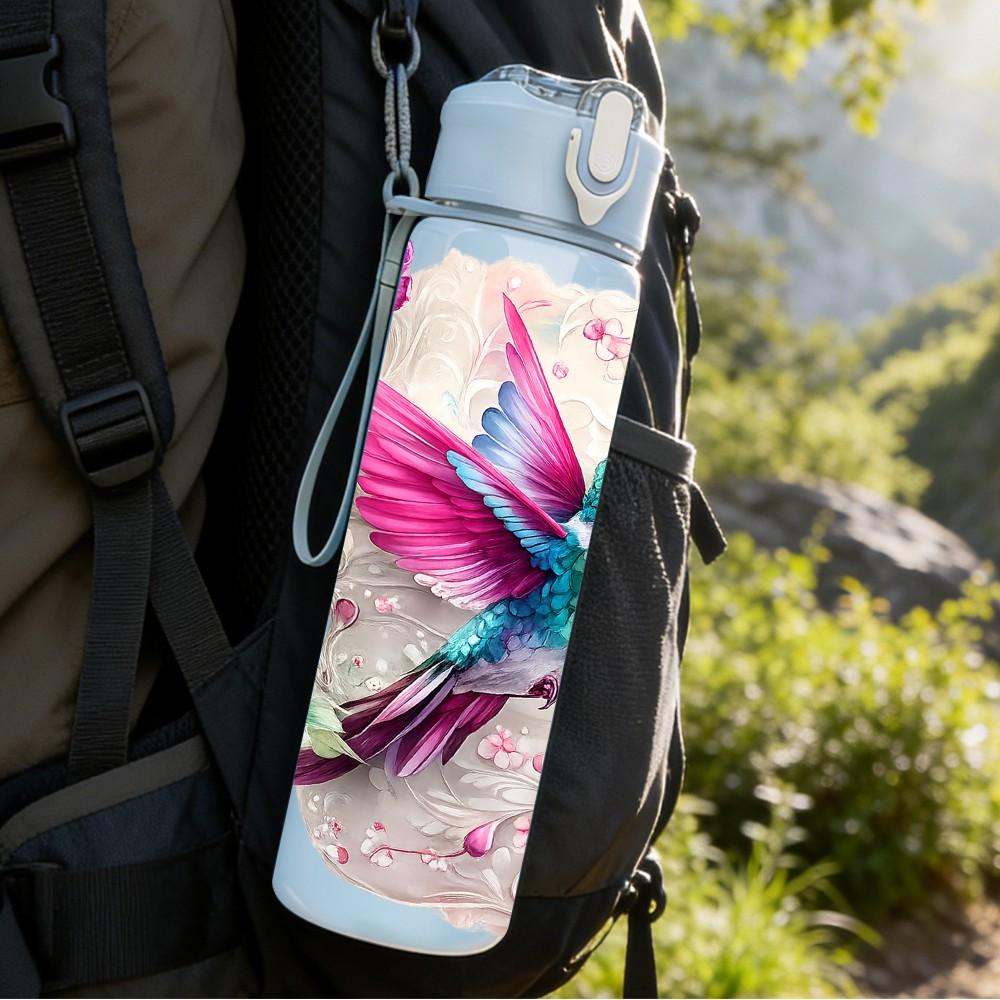 1PC Hummingbird Pink Watercolor Bird Print 750ml Color Plastic Sports Water Bottle Leakproof Flip Straw Lid Suitable for Sports Office Home Use
