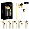 European Style 24 Pcs Stainless Steel Tableware Set with Thickened Knife, Fork, Spoon, Black Gold Western Silver Tableware