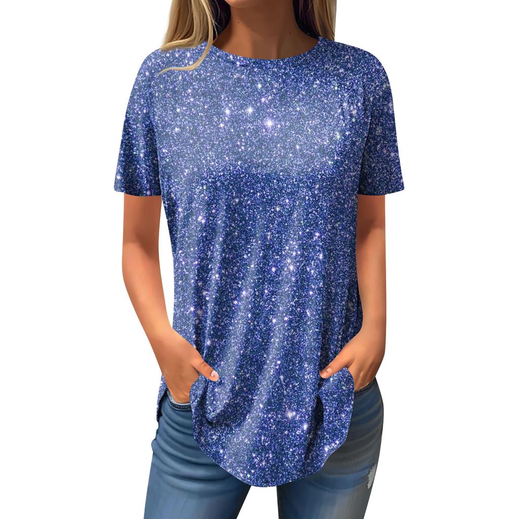 Женская мода, повседневная футболка с круглым вырезом и блестками, пуловер с короткими рукавами, топ