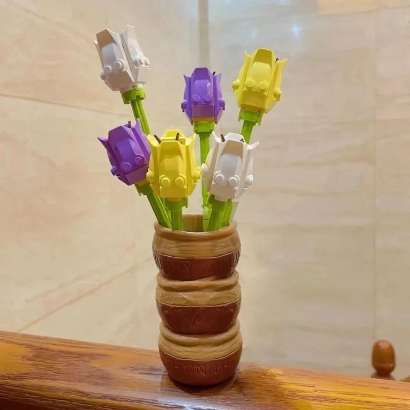 Букет вечный тюльпан, строительный блок, цветок, 3D модель, украшение дома, растение в горшке, сборка, кирпичи, подарки на день Святого Валентина