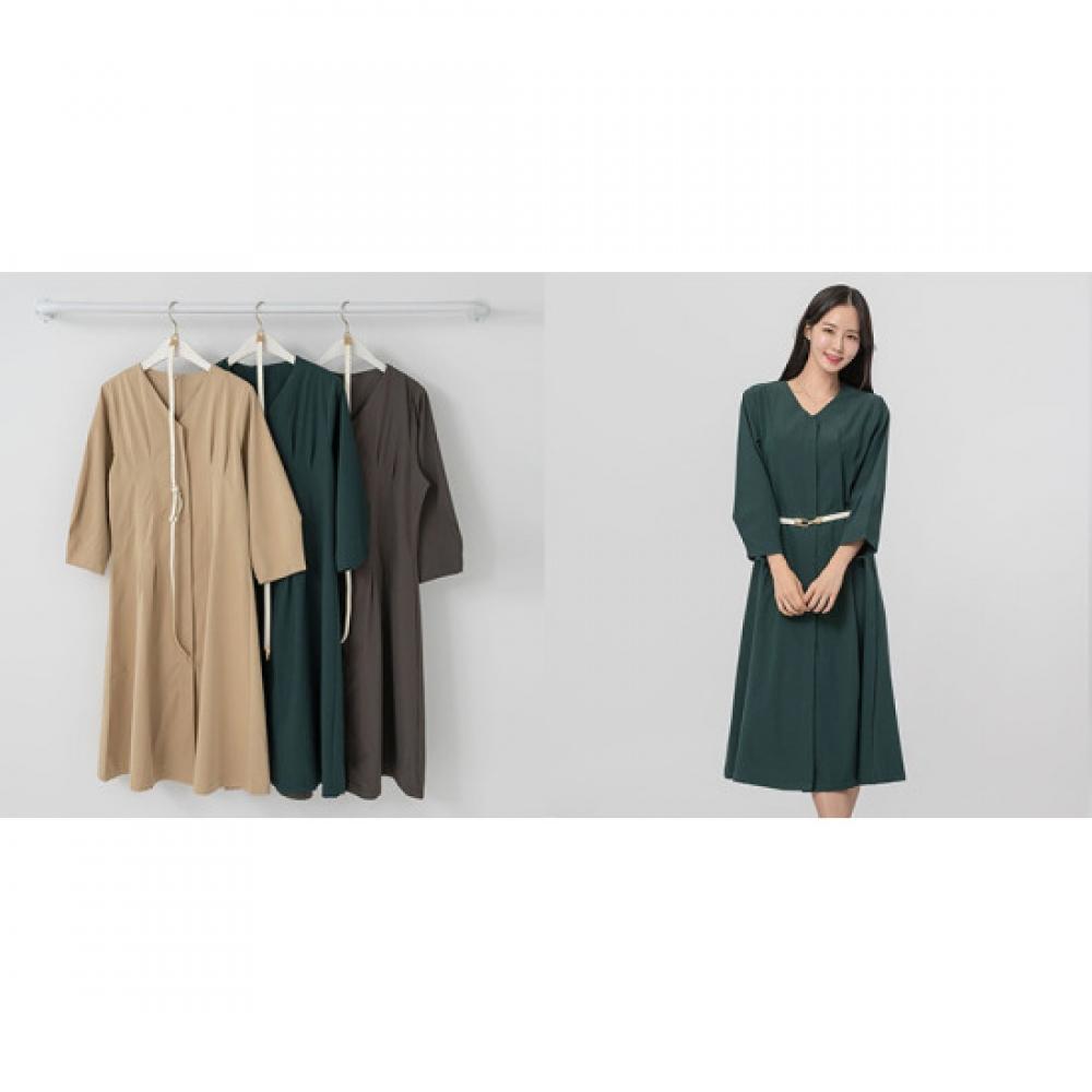 Shop Women Waist Belt No Collar V Neck Pintuck Flare Balloon Long Dress Charco