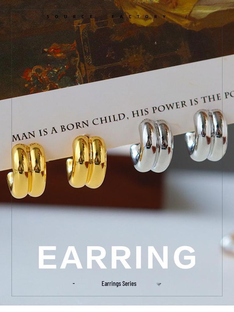 Шикарные серьги в форме буквы С: Ретро-люкс, простой и универсальный европейско-американский дизайн с серебром 925 пробы