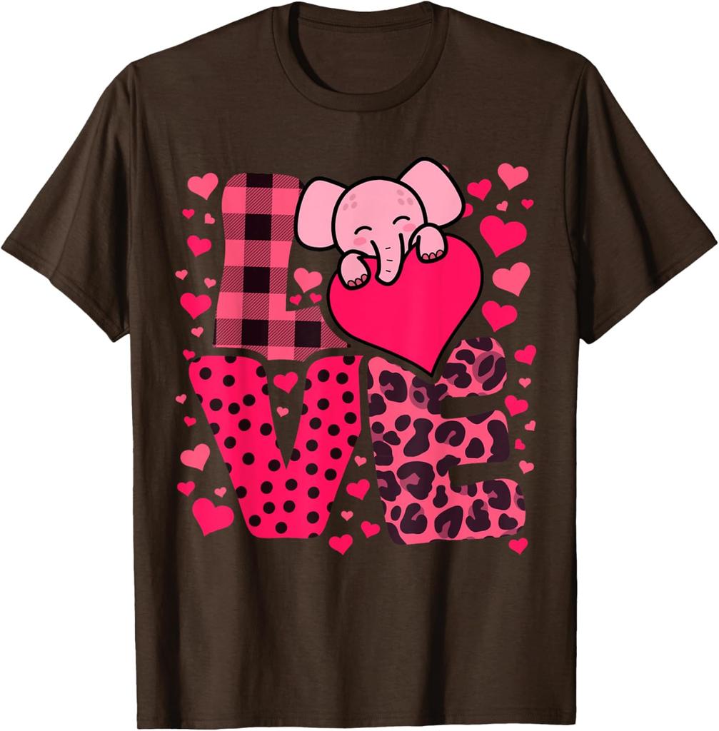 Cute Elephant Love Hearts Valentines Day Graphic Tee Soft Breathable Casual T-Shirt