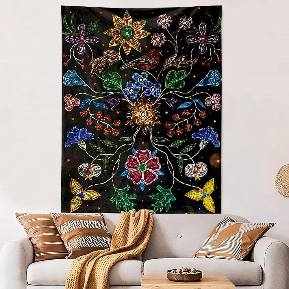 Colorful Floral and Bird Art on Black Background Patterned tapestry home decor, suitable for bedroom and living room, gift