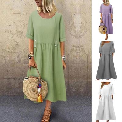 Женское платье свободного покроя средней длины с двойными карманами, украшение на пуговицах, круглый вырез, короткий рукав, летнее платье в стиле бохо, рабочая одежда