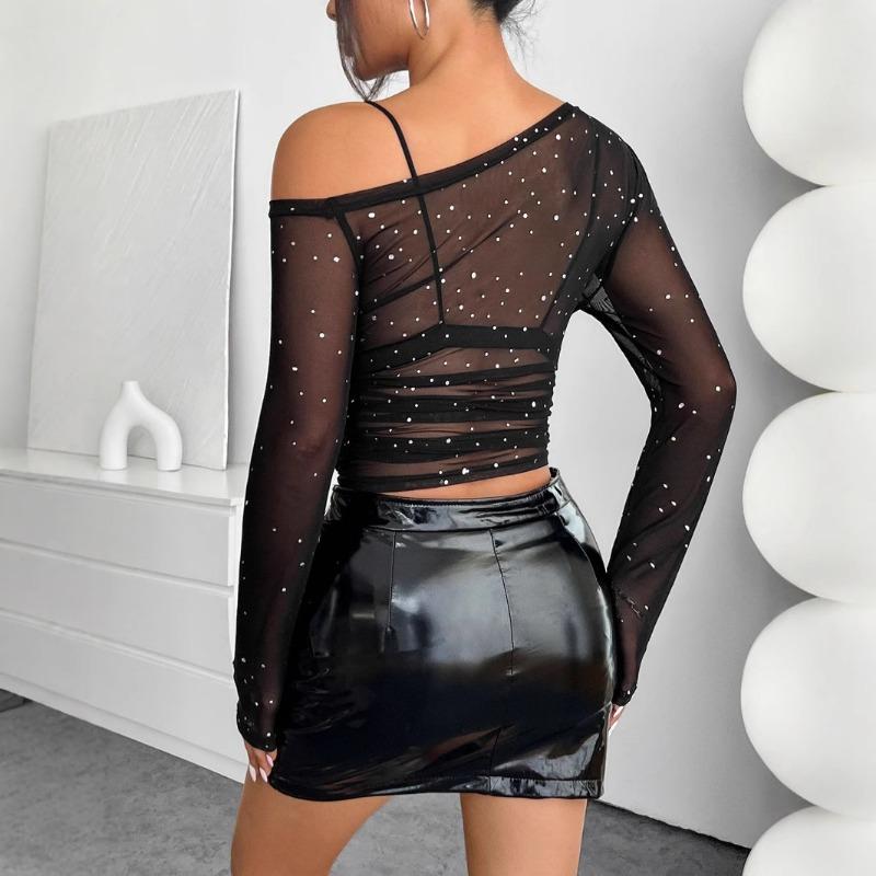 Women S Black Sequin Mesh Asymmetrical Neck Long Sleeve T Shirt