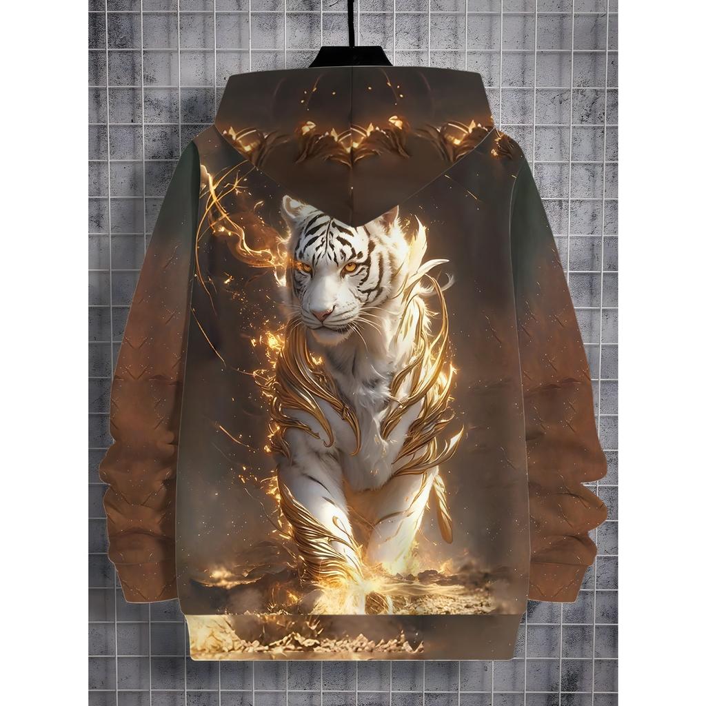 Толстовка с капюшоном с 3D цифровой печатью, золотистым пламенем, властным элементом благоприятного белого тигра