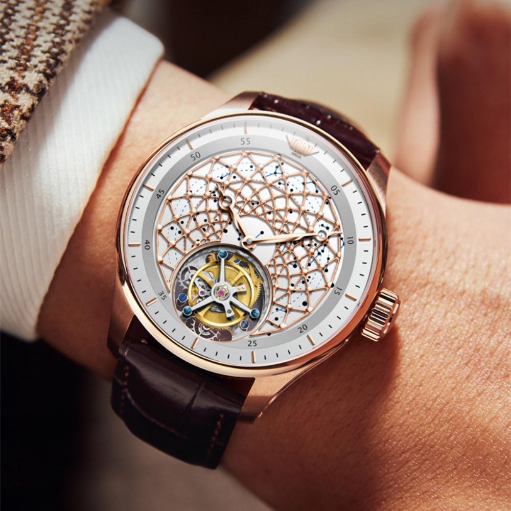 OUPINKE Новые мужские часы для бизнеса и отдыха, механические часы с турбийоном, полые водонепроницаемые мужские часы