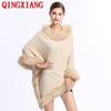 Autumn Winter Women Black Faux Cashmere Plus Size Triangle Shawl Overcoat Knitted Long Poncho Cape Fur Loose Pullovers Coat