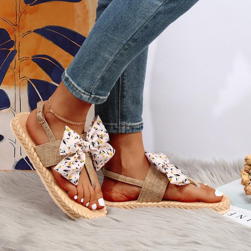 Женские летние сандалии на веревочной подошве из конопли, модные тенденции, розовые сандалии с бантом из бисера в помещении и на открытом воздухе