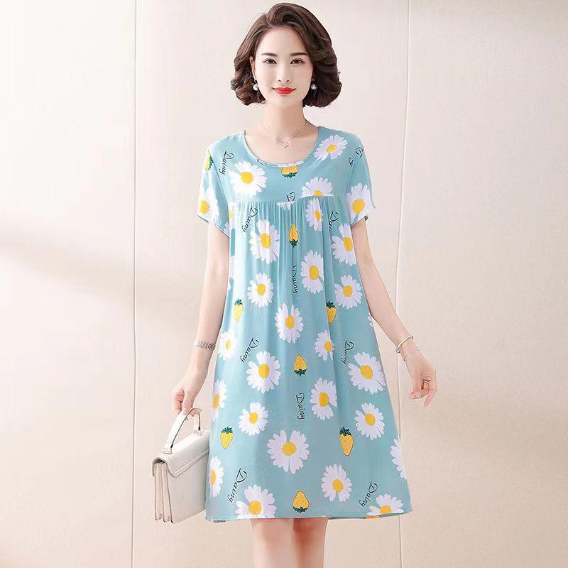 Women's Cotton Silk Mid-Length Nightgown - Summer Pajamas Plus Size Homewear for Middle-Aged and Elderly