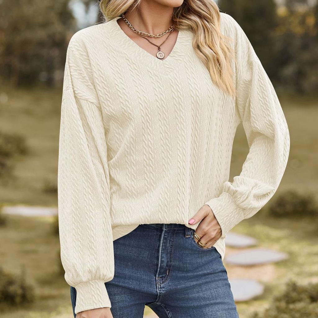 BITCED Осенне-зимняя однотонная свободная повседневная футболка с V-образным вырезом и длинными рукавами для женщин