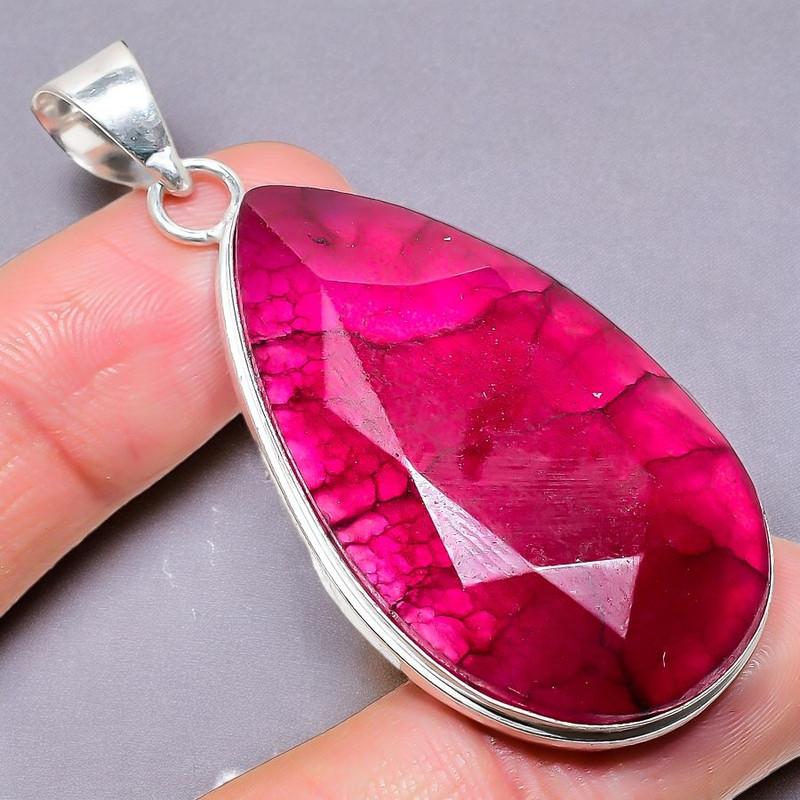 Ruby(Simulated) Gemstone Handmade 925 Sterling Silver Jewelry Pendant 2.17" AH-916