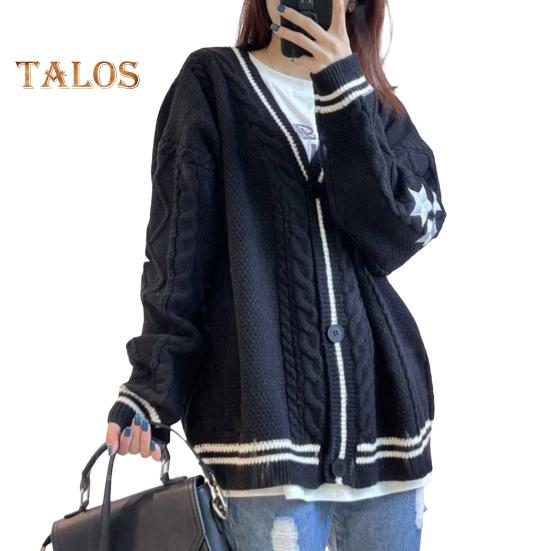 Женский свитер, пальто с V-образным вырезом, длинный рукав, однобортный вязаный кардиган, пэчворк, цветная вышивка, узор в виде звезды, свободный крой, трикотаж