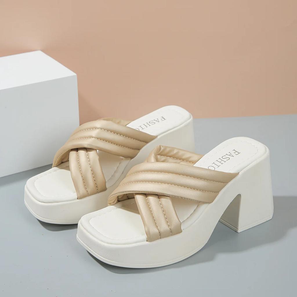 Повседневные тапочки-кроссоверы на высоком каблуке для женщин, летняя новая верхняя одежда, толстый каблук, толстая подошва, однотонные пуловеры