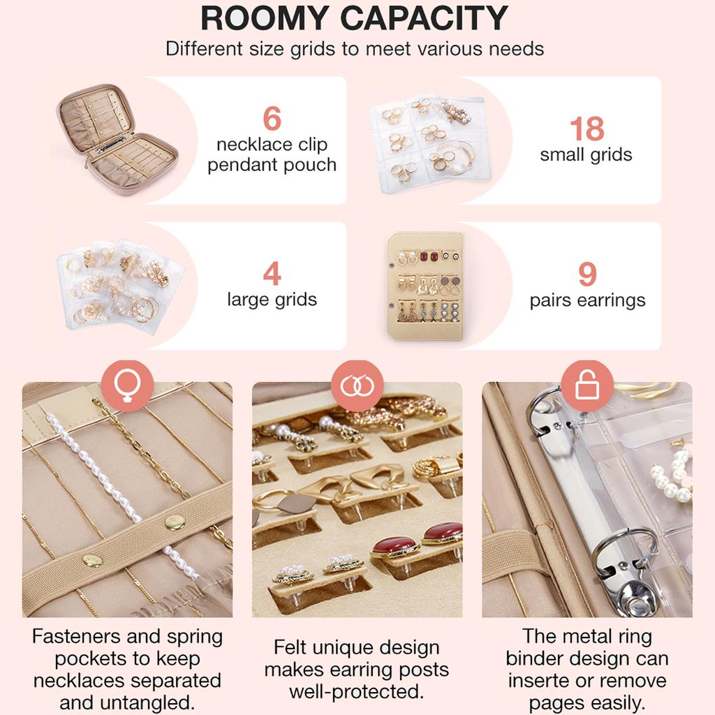 Jewelry Travel Organizer Case Transparent Jewelry Storage Book Ring Binder Rolls Zipper Pouch Bag for Necklaces,Rings,Bracelets