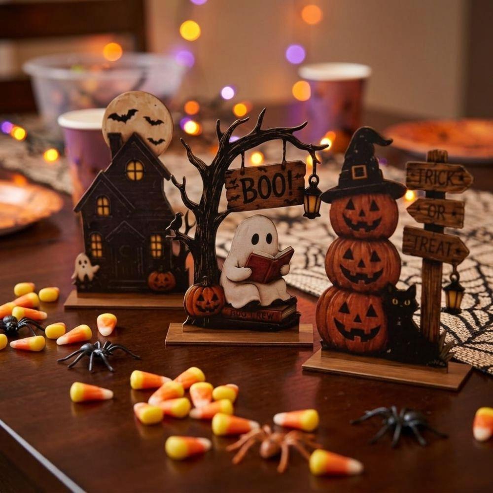 Vintage Halloween Wooden Tabletop Sign Trick or Treat Haunted House Statue Shelf Decor