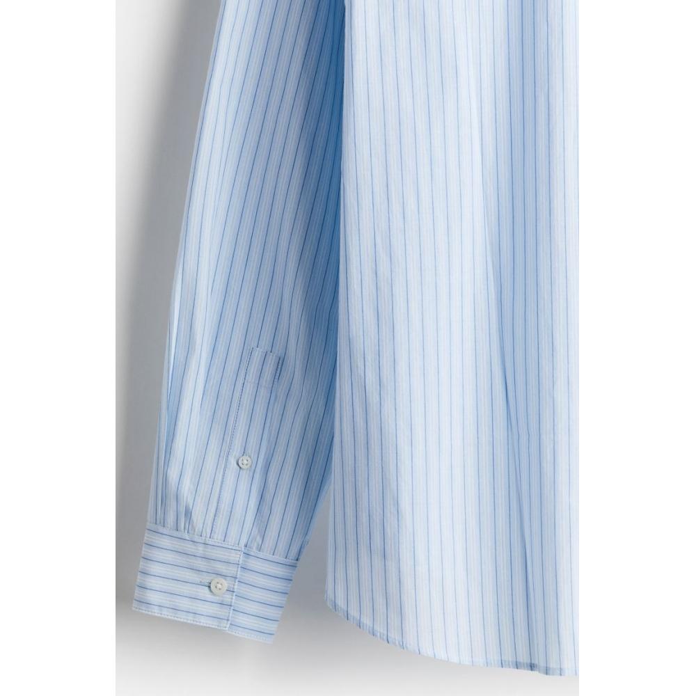 H M Loose Fit Poplin sHirt ligHt Blue Striped