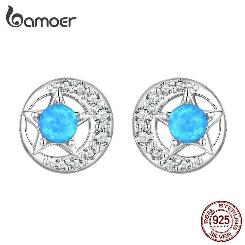 Серьги-гвоздики BAMOER из стерлингового серебра 925 пробы со звездами и луной, серьги-гвоздики с фианитом для женщин, подарок на день рождения, ювелирные изделия с платиновым покрытием